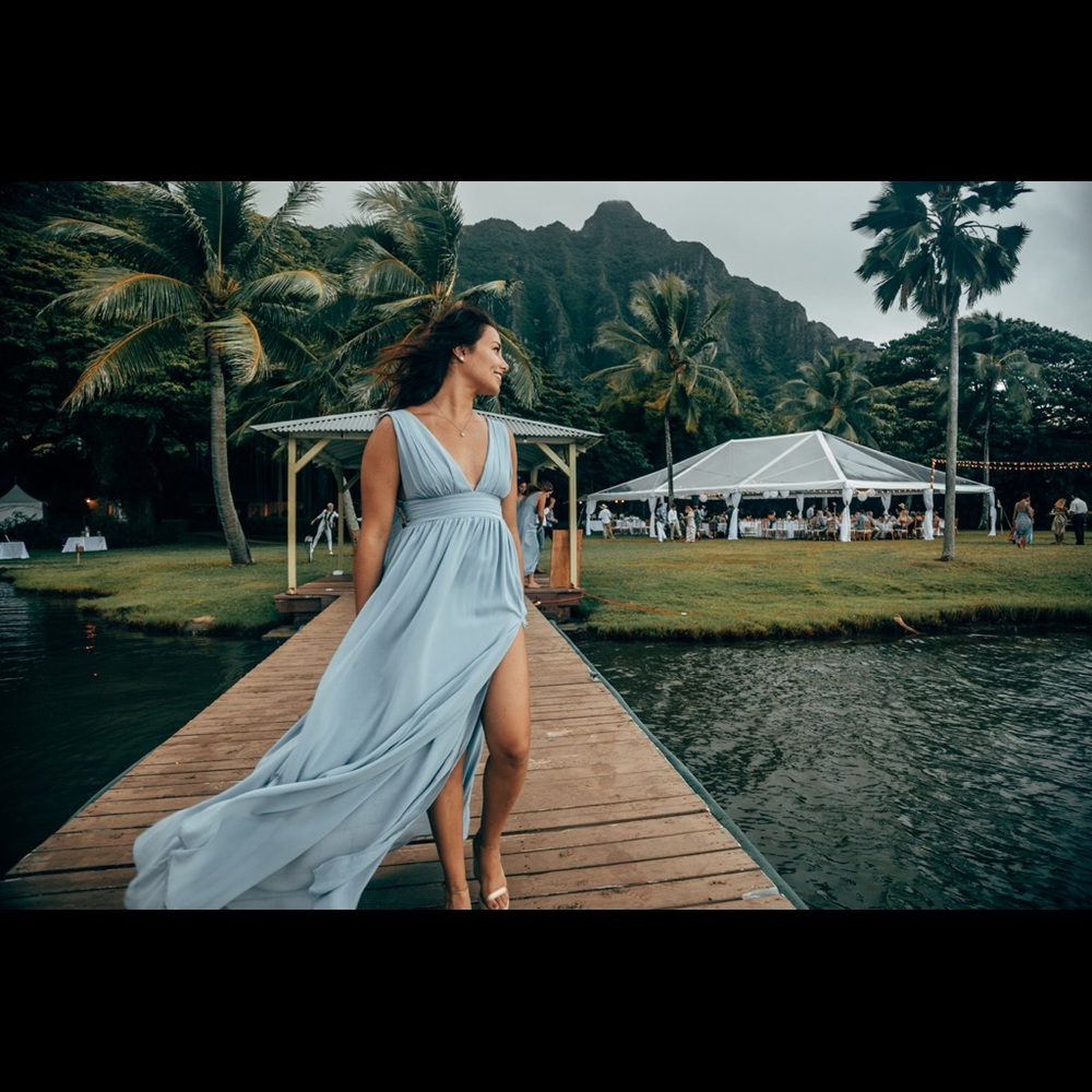 Lulu’s slate blue backless maxi dress
